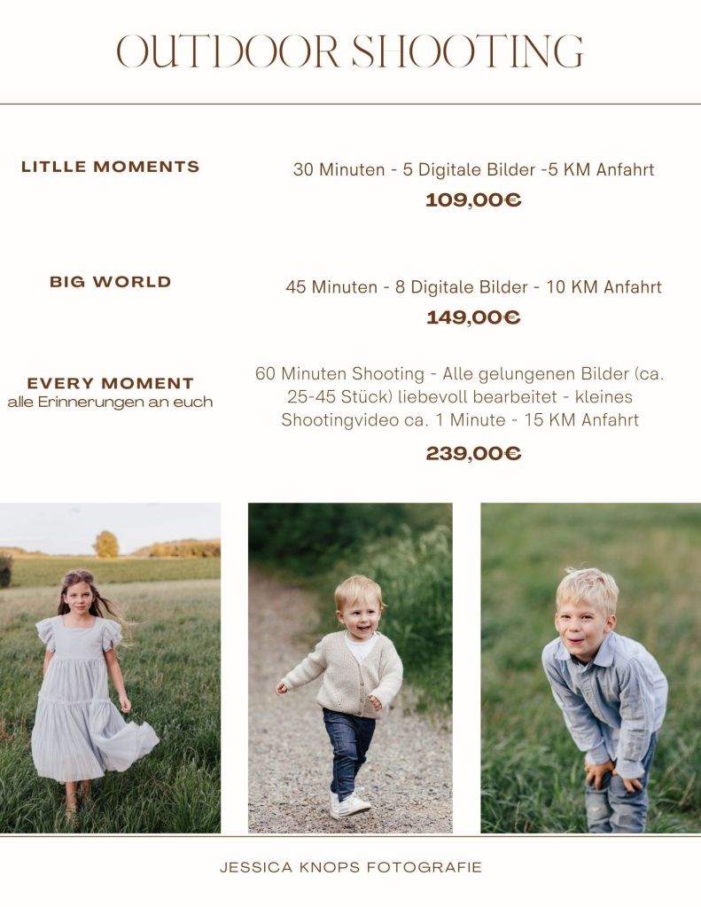 Preisliste für Outdoor Shootings